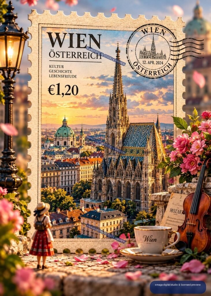 Decorative Vienna postage stamp with St. Stephen’s Cathedral, cityscape, flowers, violin, and coffee cup.