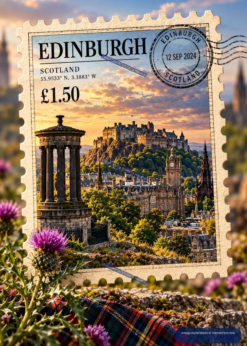 Decorative Edinburgh postage stamp showing Edinburgh Castle, city landmarks, a circular postmark, purple thistles, and tartan fabric.