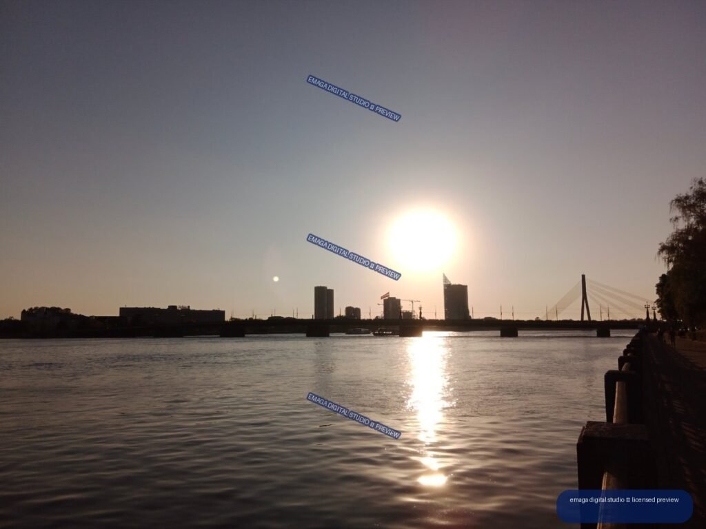 Sunset over the River Daugava and Riga skyline, Latvia