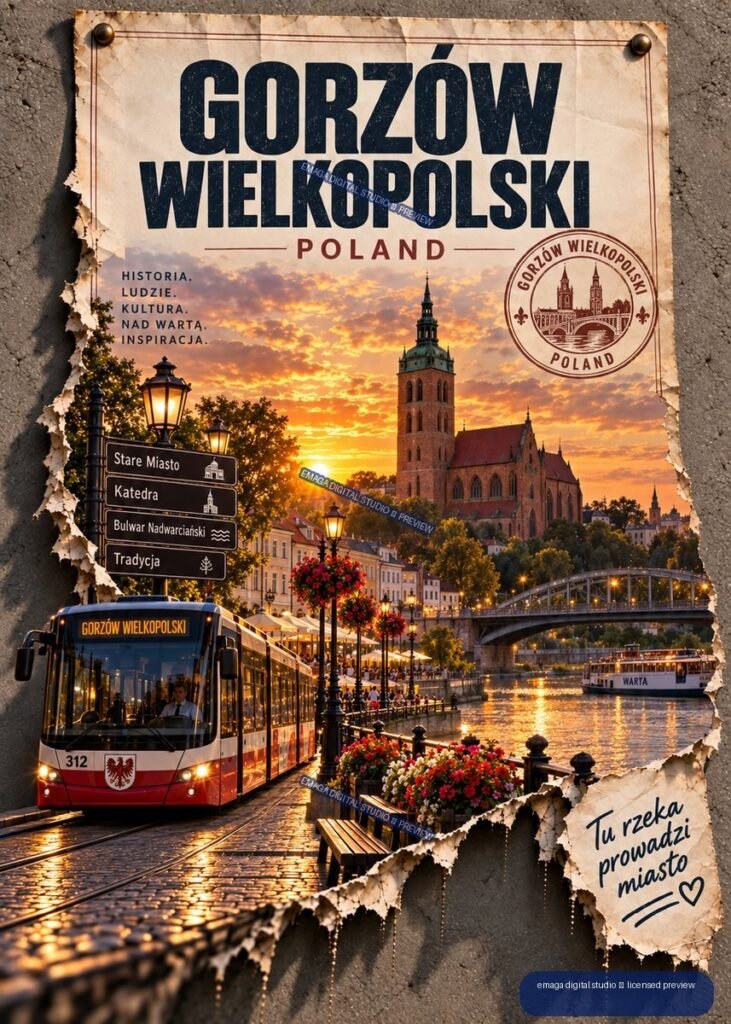 Vintage-style Gorzów Wielkopolski Poland travel poster showing a sunset riverside city scene with church, tram, bridge, riverboat, flowers, and Polish directional signs.
