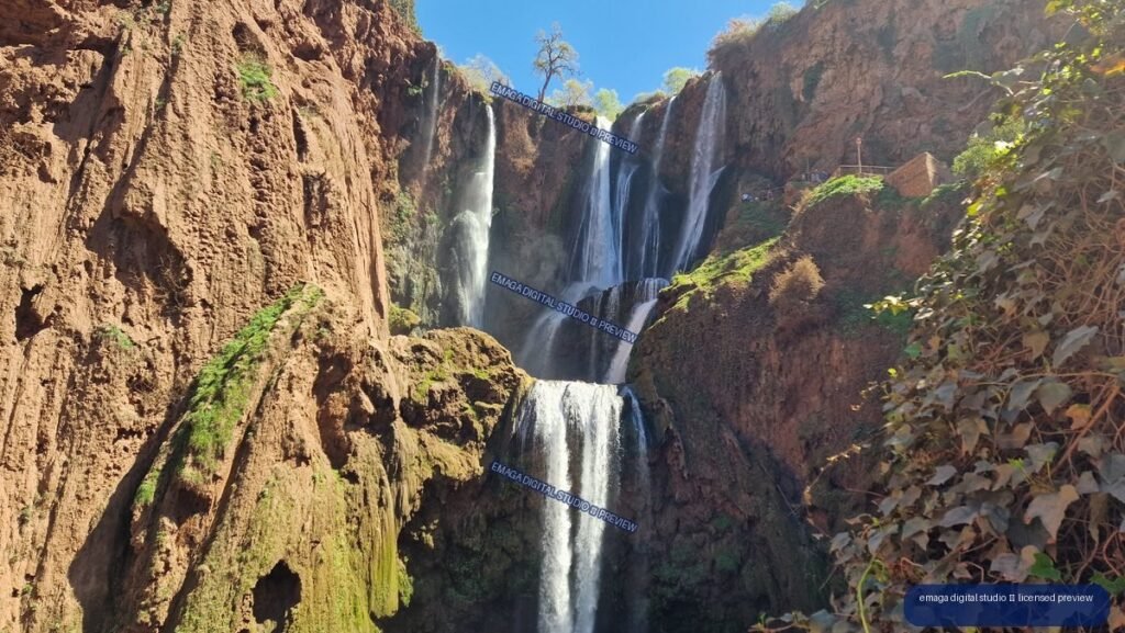 Multi-tiered Ouzoud Waterfalls, Morocco in Bright Sunlight