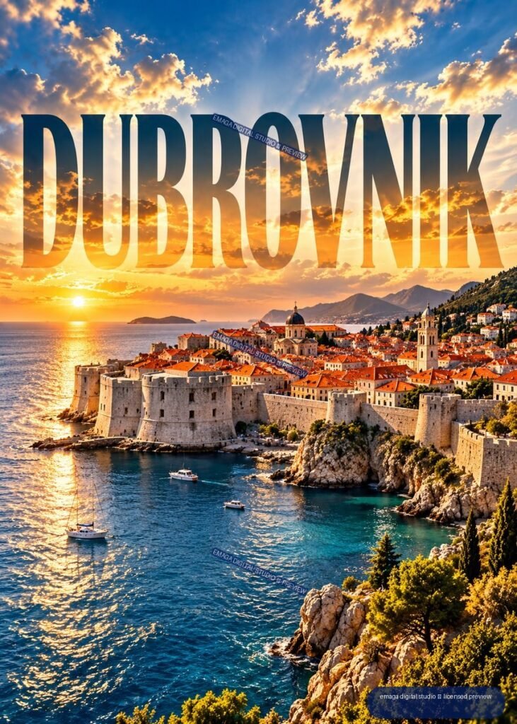 Sunset view of Dubrovnik’s walled coastal city, harbor, boats, mountains, and large DUBROVNIK text in the sky.