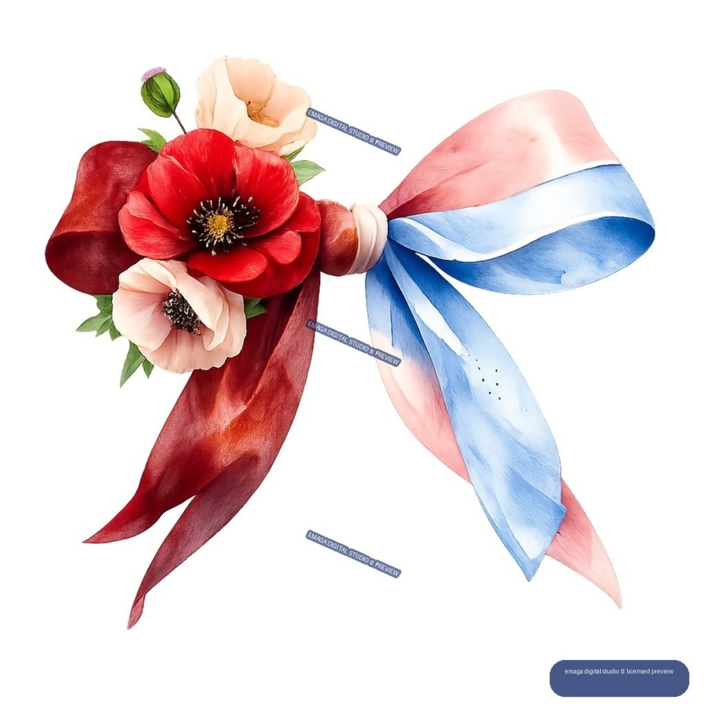 Watercolor floral arrangement with red and blush flowers, green leaves, and a large pink and blue ribbon bow.