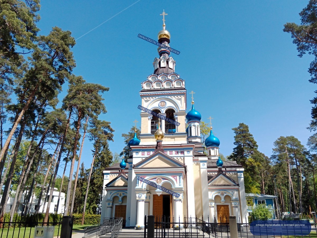 Ornate Orthodox-style church among pine trees in Jurmala, Latvia