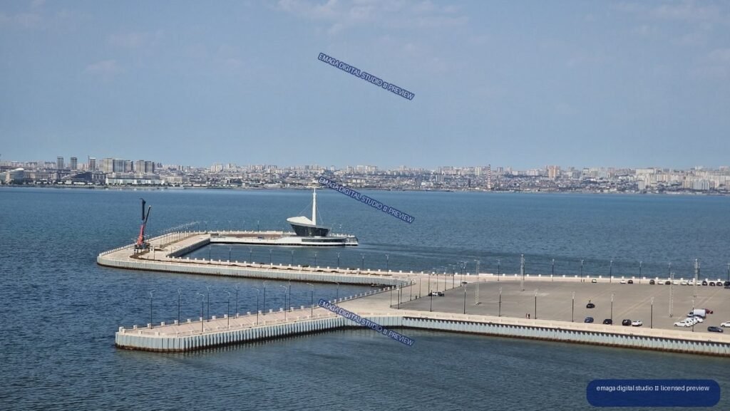 Baku, Azerbaijan Waterfront Pier and City Skyline Across the Bay