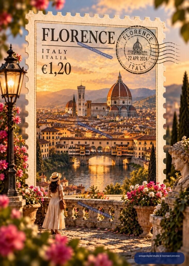 Decorative Florence postage stamp featuring the Duomo, Ponte Vecchio, sunset cityscape, flowers, and a woman on a terrace.