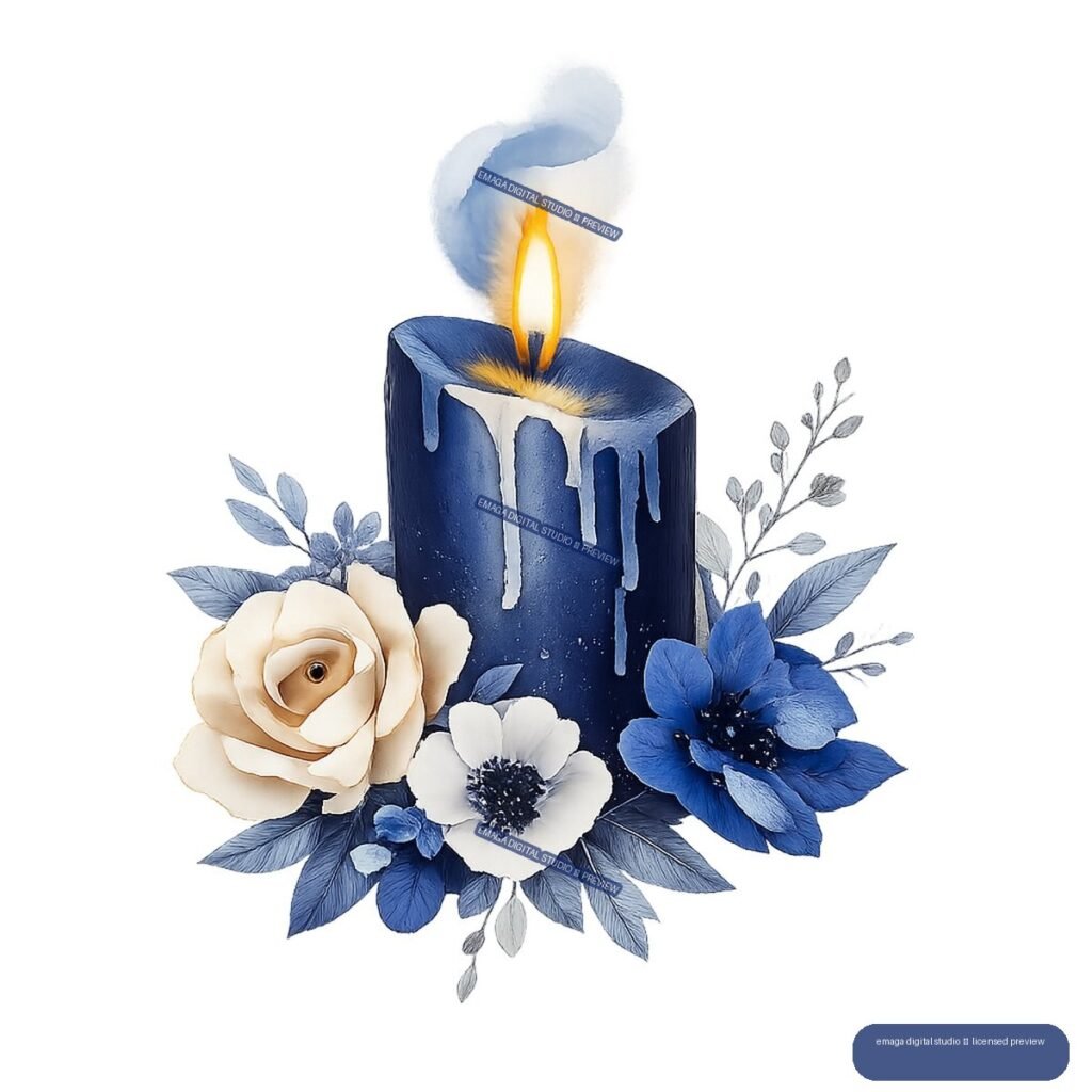 Blue pillar candle with a golden flame, white and blue flowers, and blue foliage.