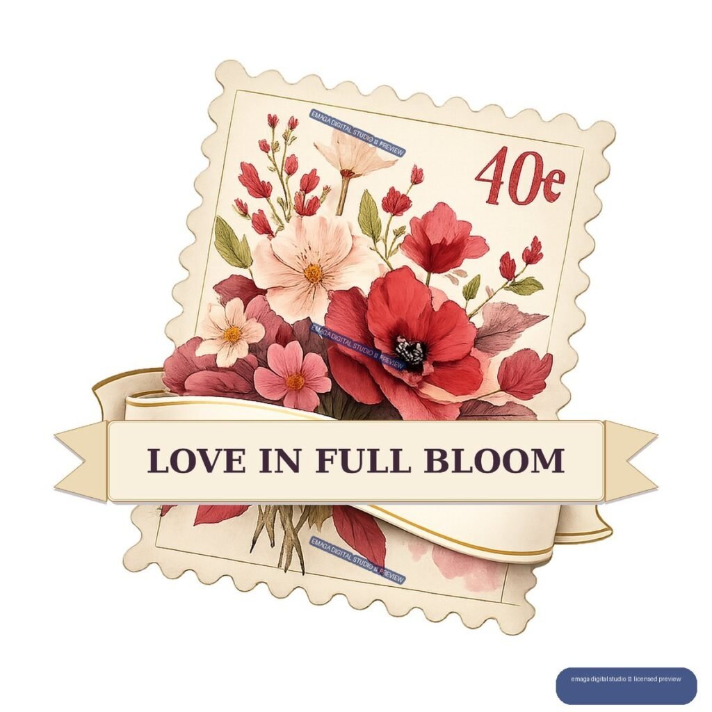 Decorative floral postage stamp with pink and red flowers, a 40¢ mark, and a Love in Full Bloom banner.