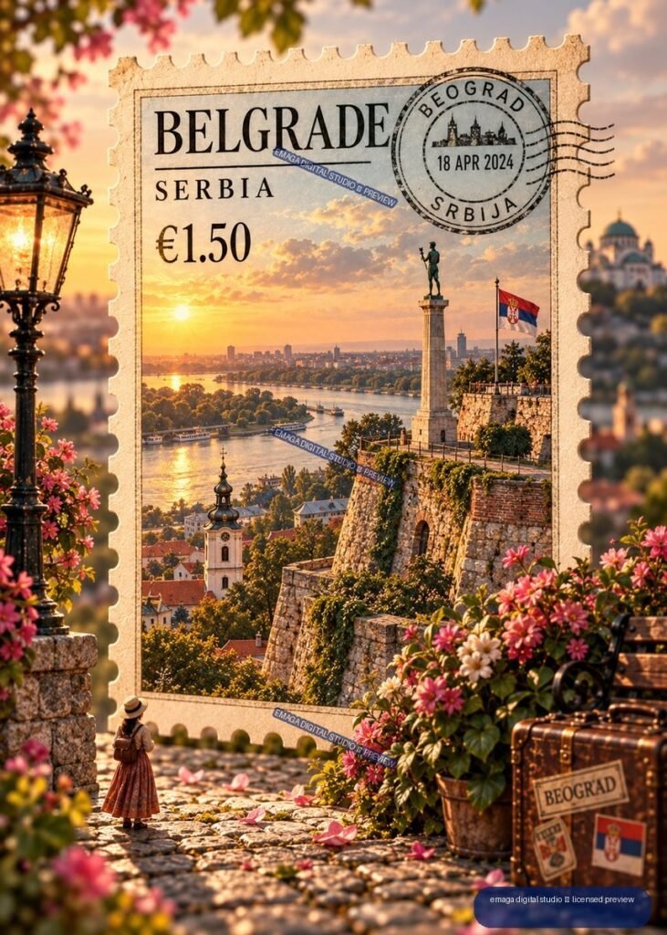 Decorative Belgrade, Serbia postage stamp showing rivers, sunset, the Pobednik monument, and a Serbian flag, surrounded by flowers and travel props.