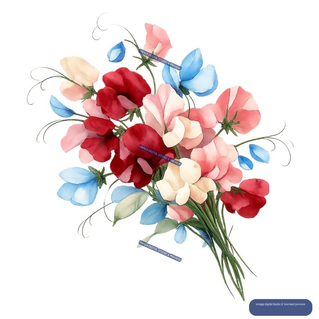 Watercolor bouquet of red, pink, cream, and blue sweet pea flowers with green stems and curling tendrils.