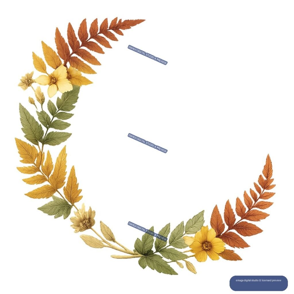 Asymmetrical autumn wreath of yellow flowers, green leaves, and rust-colored fern fronds surrounding an open center.