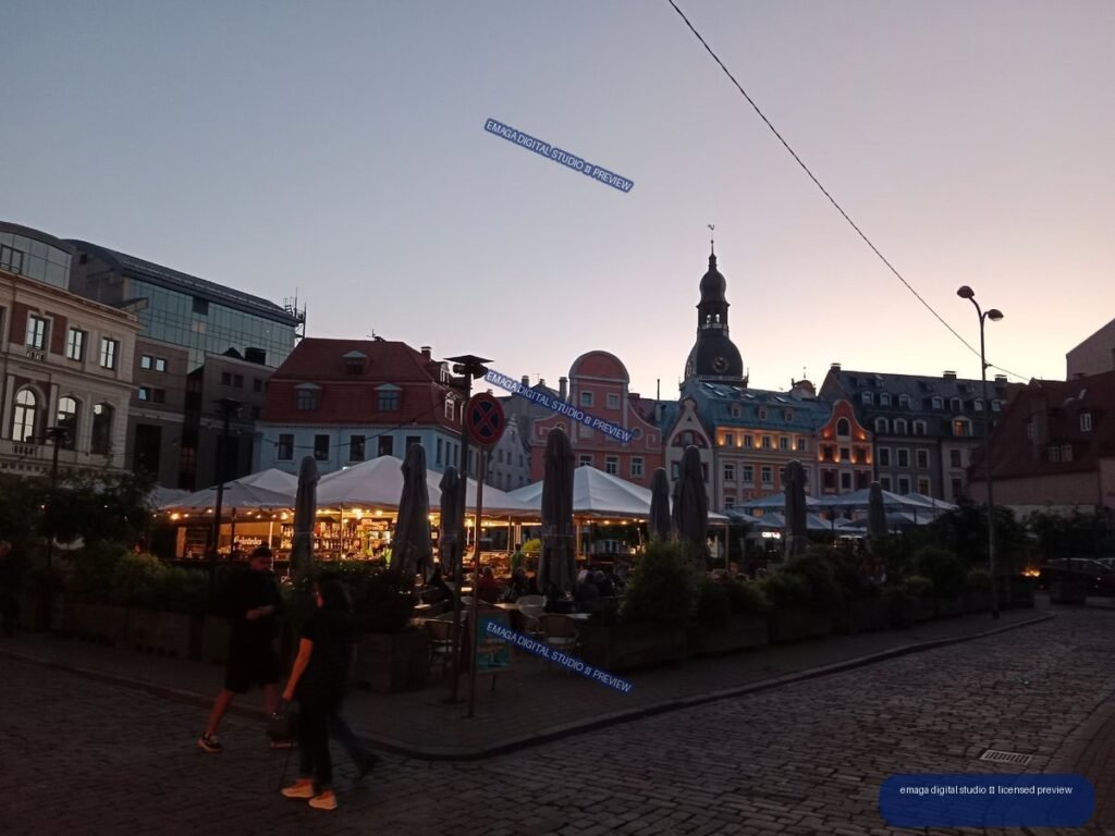 Riga, Latvia Old Town Square at Dusk with Historic Buildings