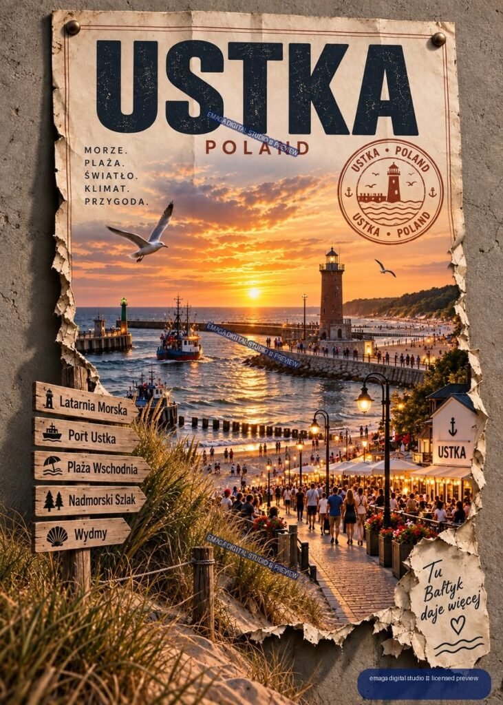 Vintage-style Ustka Poland travel poster showing a sunset harbor, lighthouse, boats, promenade, seagulls, direction signs, and large USTKA lettering.