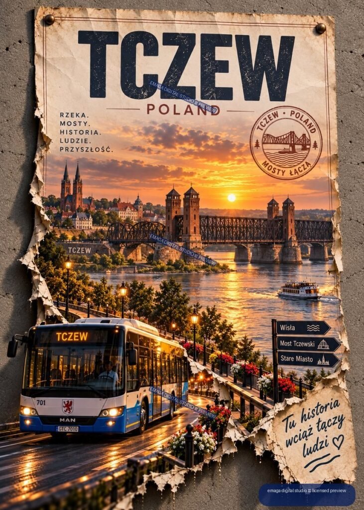 Vintage-style Tczew Poland travel poster showing a sunset riverfront, historic bridge, city towers, bus, boat, and Polish text.