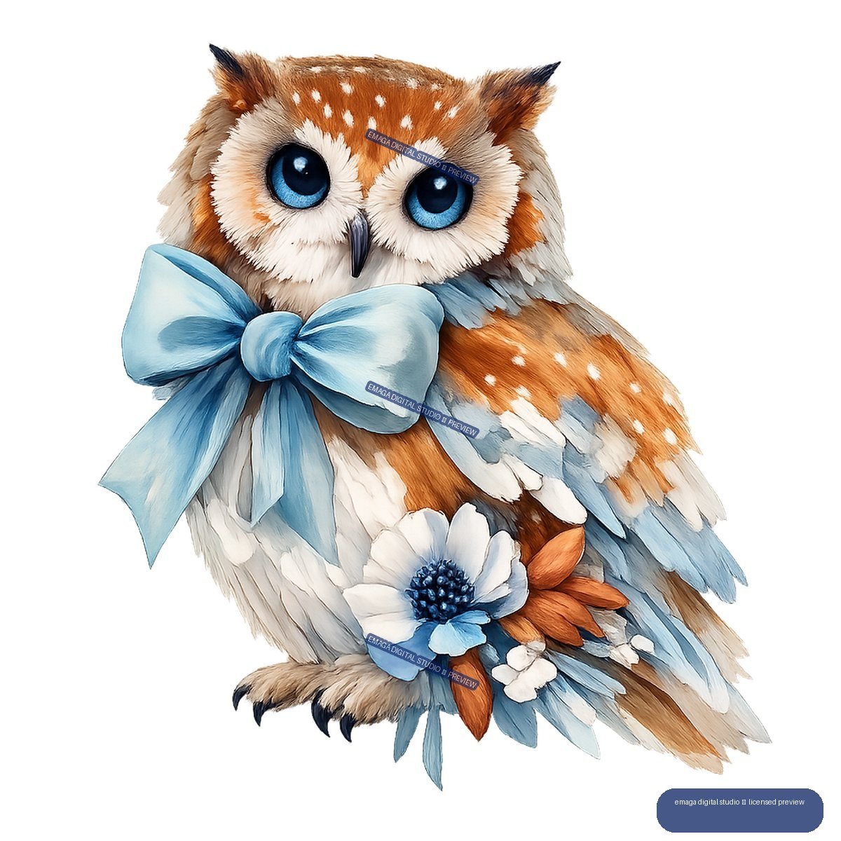 Illustrated russet and cream owl with bright blue eyes, a large pale blue bow, and blue, white, and rust flowers.
