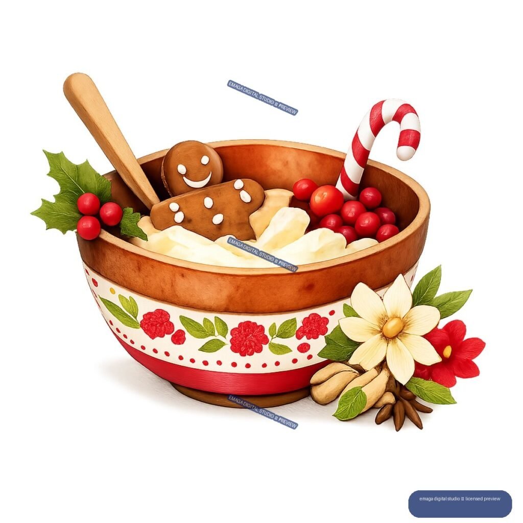 Decorated wooden baking bowl with dough, gingerbread cookie, candy cane, berries, spoon, holly, flowers, and nuts.