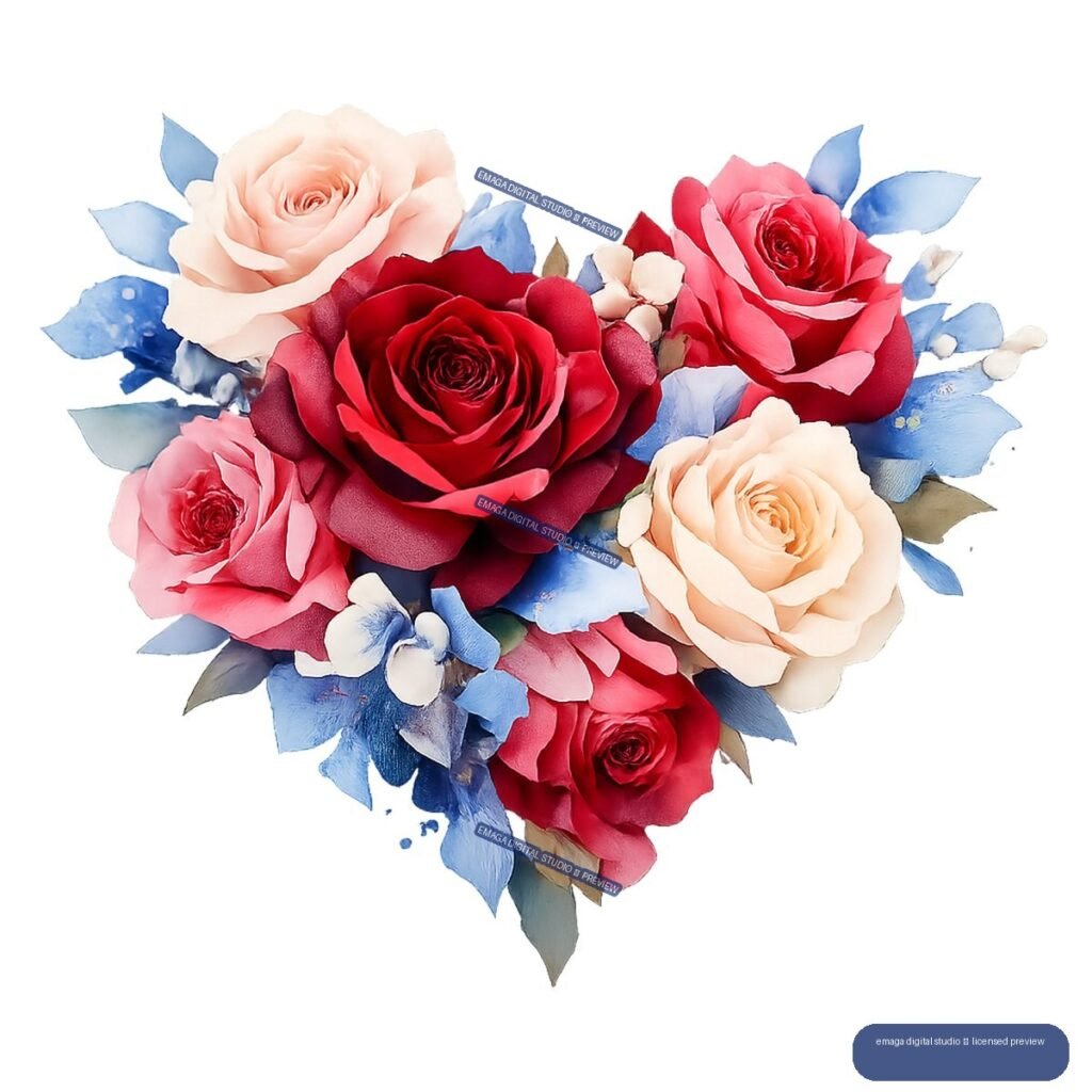 Bouquet of red, pink, and peach roses with blue leaves and small pale flowers.