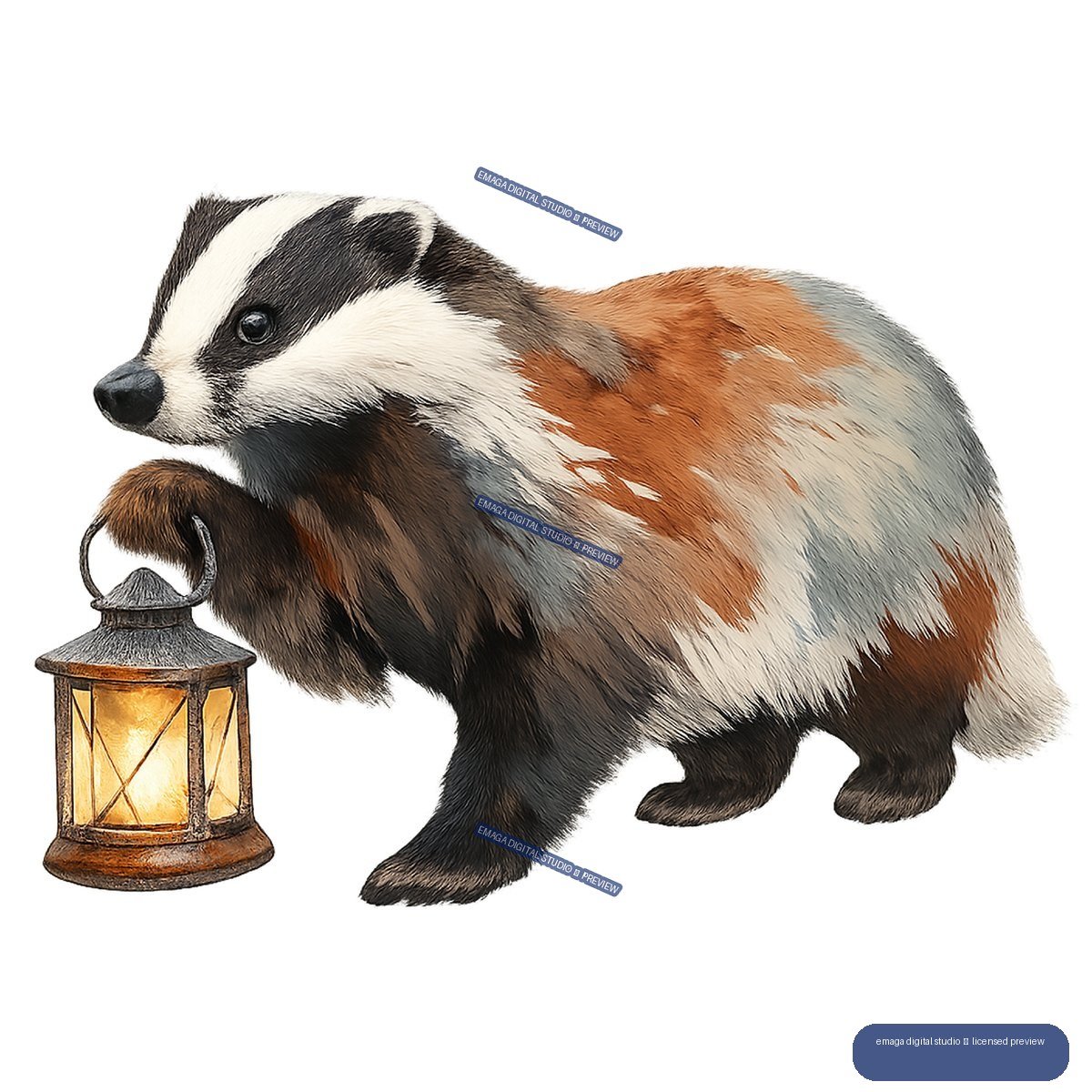 Illustrated black-and-white badger standing beside a glowing metal lantern.