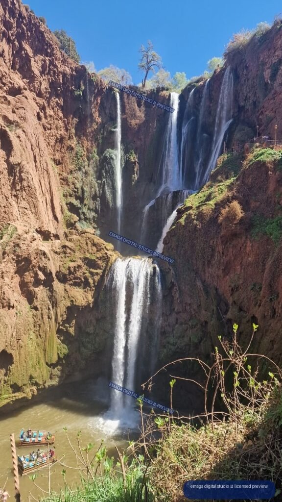 Tiered Ouzoud Waterfalls in Morocco Under a Clear Blue Sky