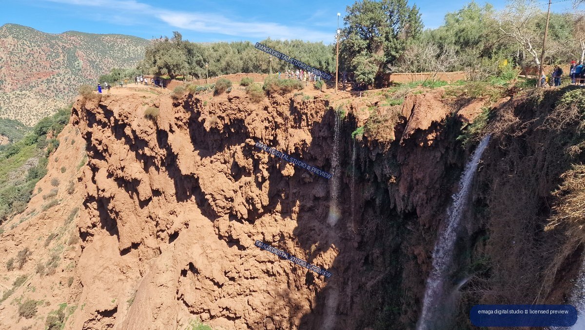Waterfalls and Red Cliffs at Ouzoud Waterfalls, Morocco