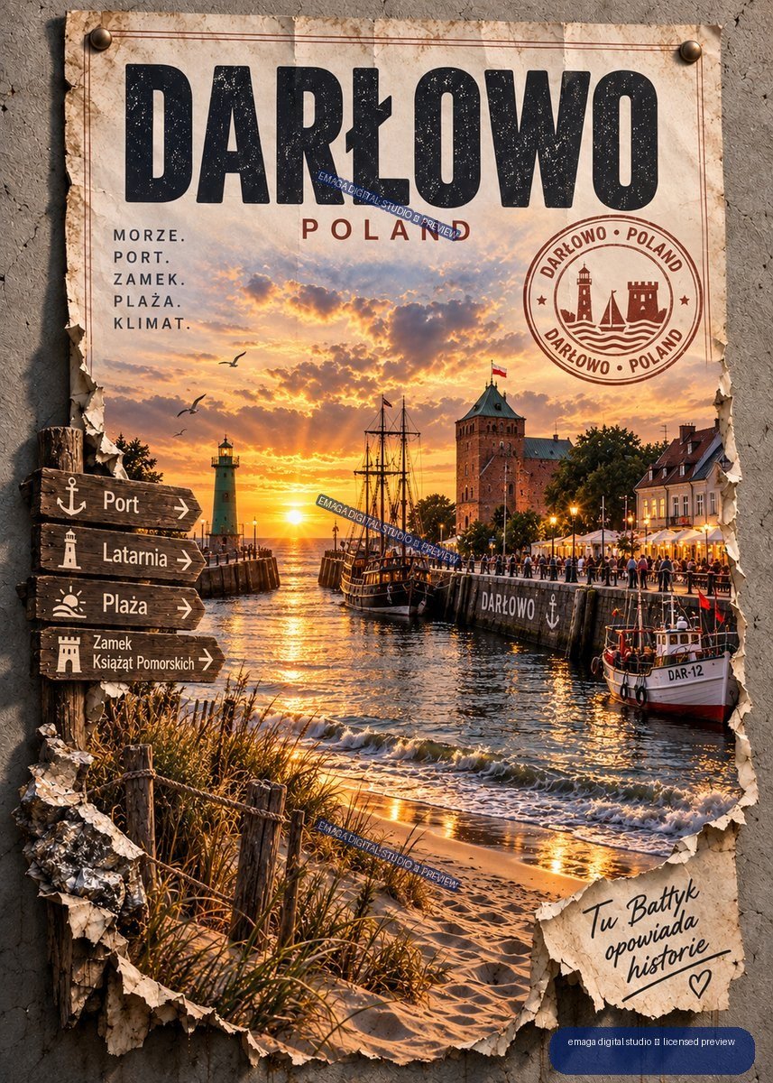 Vertical Darłowo Poland travel poster showing a sunset harbor, lighthouse, boats, beach, waterfront buildings, directional signs, and distressed paper edges.
