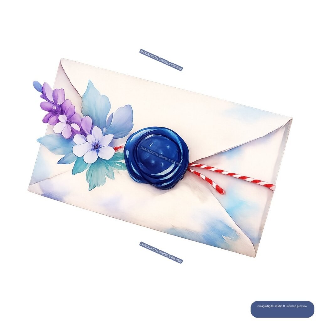 Angled cream envelope with blue wax seal, purple and blue flowers, teal leaves, and red-and-white striped cords.