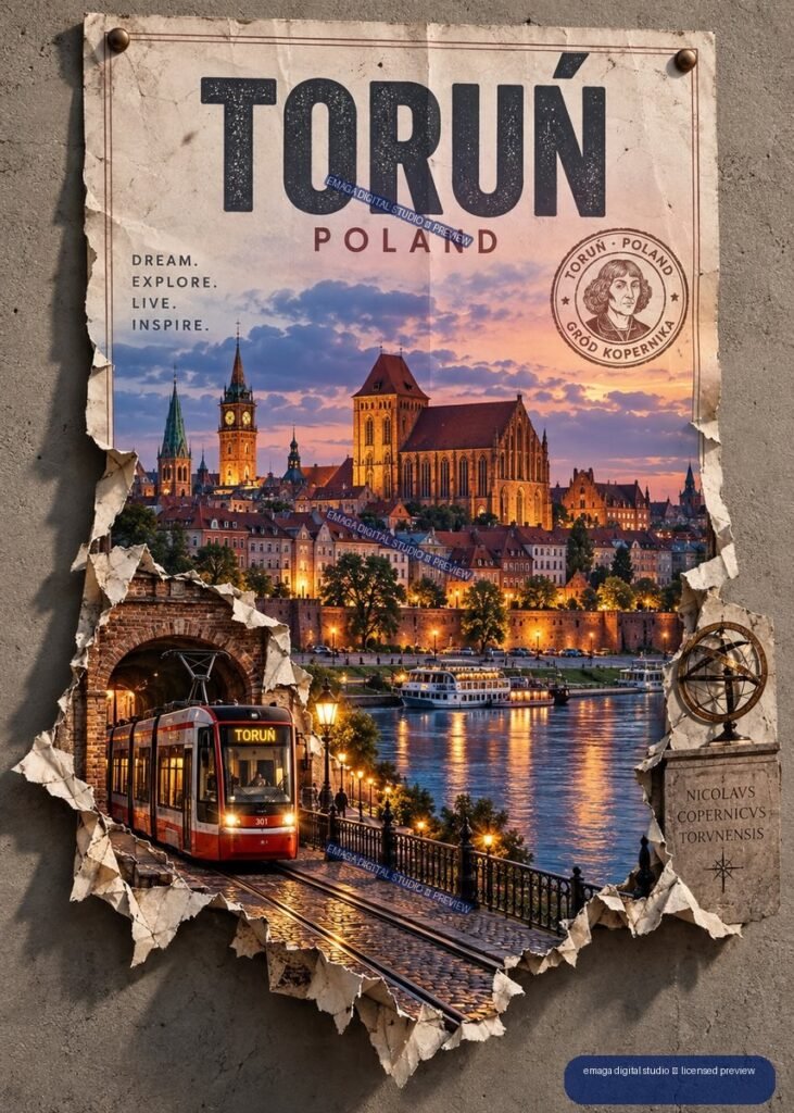 Vintage-style Toruń Poland travel poster showing a sunset skyline, Gothic cathedral, riverside tram, boat, Copernicus seal, and torn paper edges.