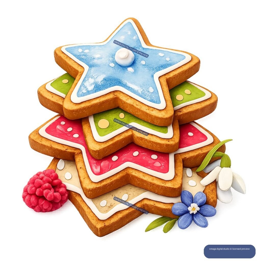 Stack of colorful star-shaped iced cookies with raspberries, leaves, and blue and white flowers.