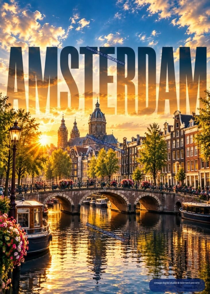 Amsterdam canal at sunset with a brick bridge, boats, canal houses, church, trees, and large AMSTERDAM text in the sky.