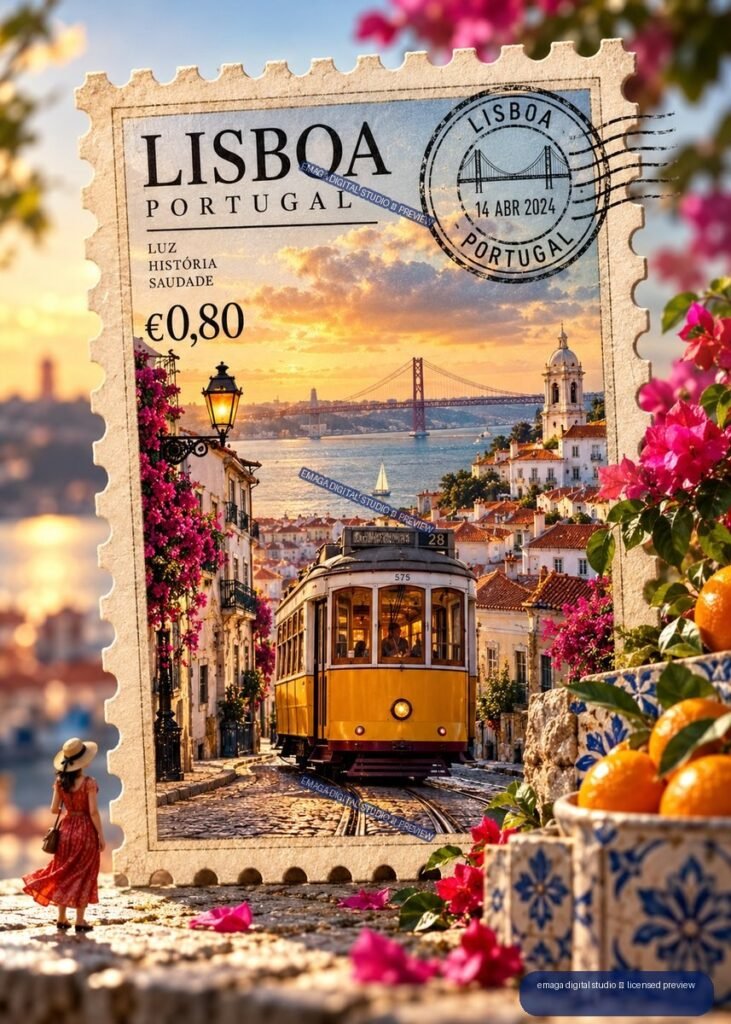 Decorative Lisboa Portugal postage stamp showing a yellow tram, riverside cityscape, suspension bridge, bougainvillea, and foreground oranges.
