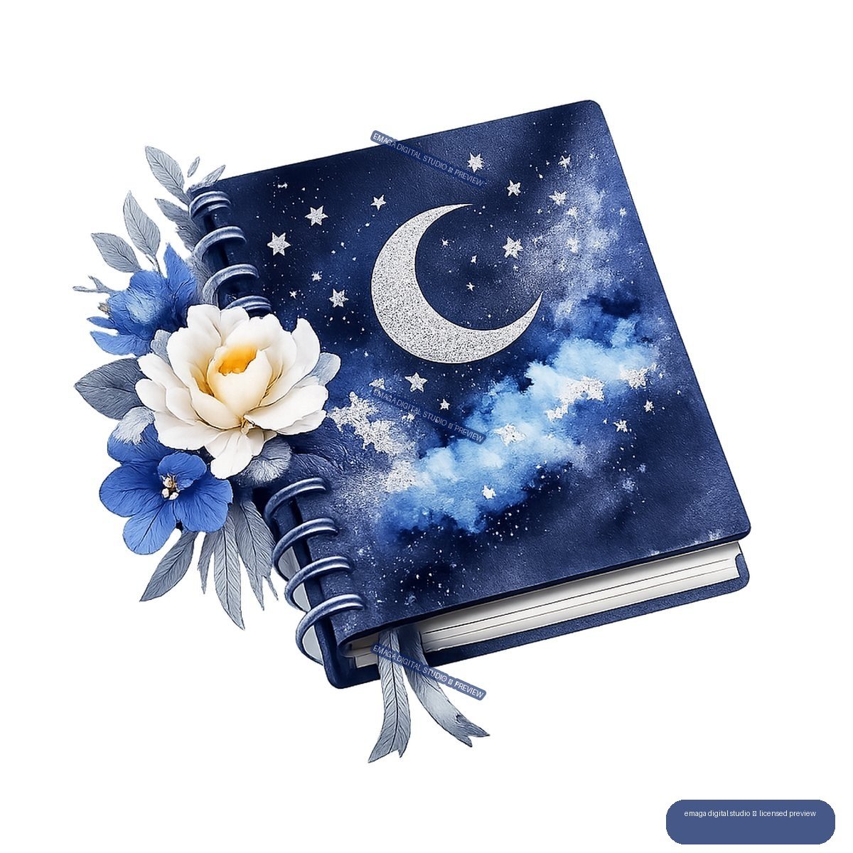 Navy spiral notebook with crescent moon, stars, blue flowers, and silver-blue foliage.