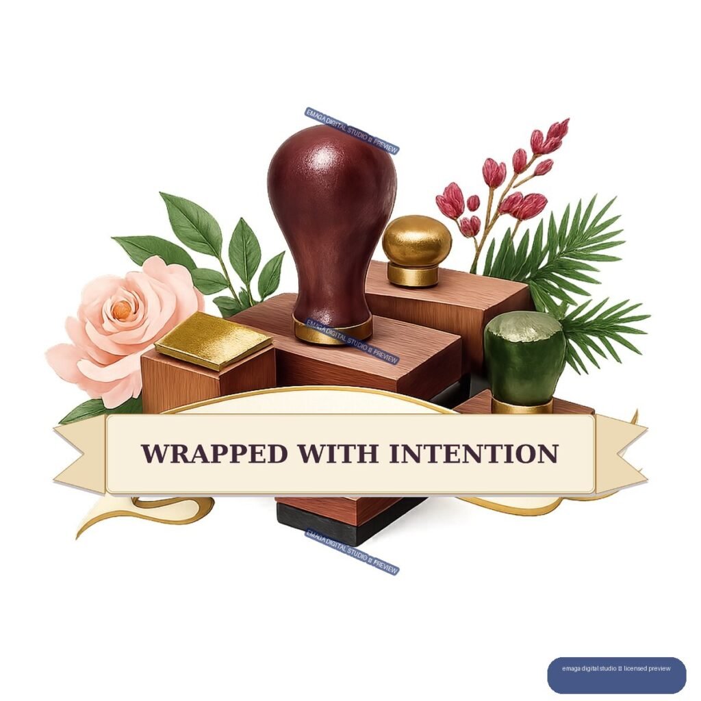 Decorative emblem with wooden blocks, sealing stamps, flowers, foliage, ribbons, and a banner reading “WRAPPED WITH INTENTION.”