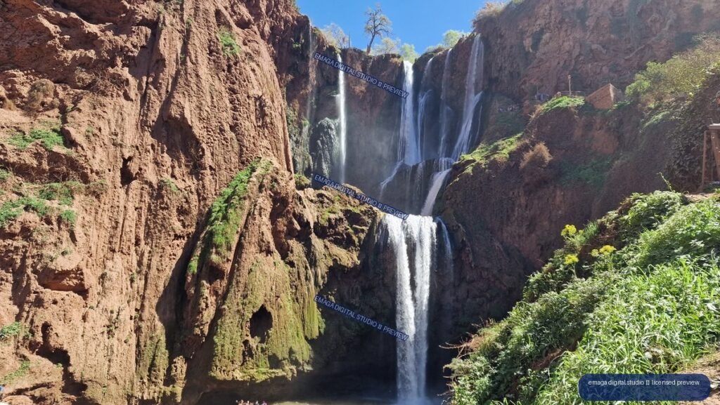 Tiered Waterfalls and Red Cliffs at Ouzoud Waterfalls, Morocco