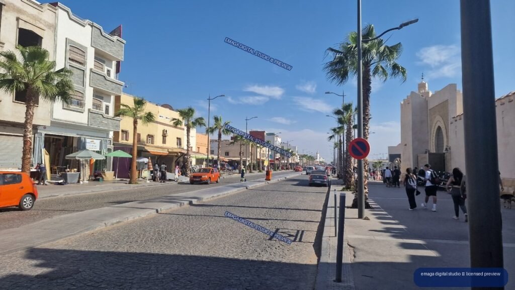 Palm-lined urban street in Agadir, Morocco under blue skies