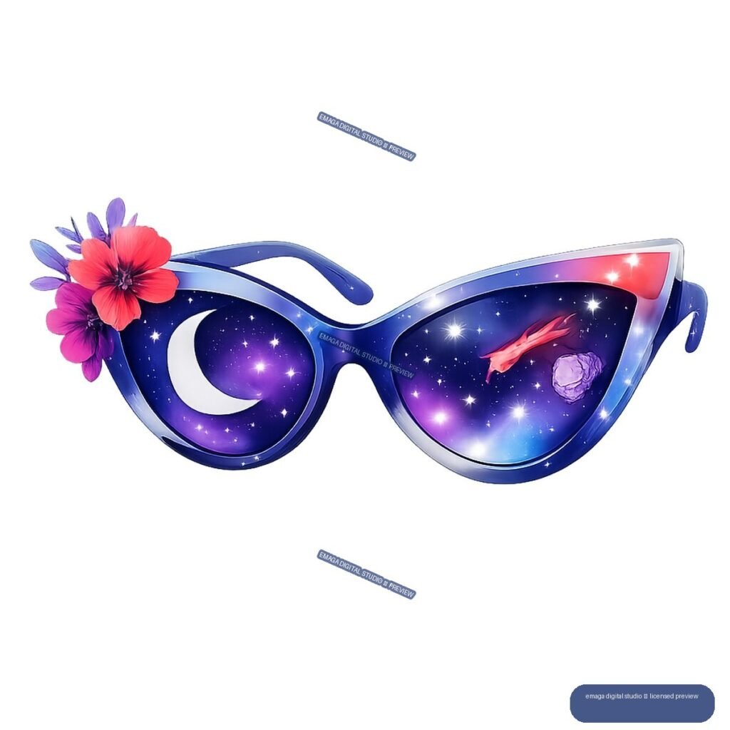 Oversized blue cat-eye sunglasses with galaxy-filled lenses, crescent moon, stars, flowers, and celestial shapes.