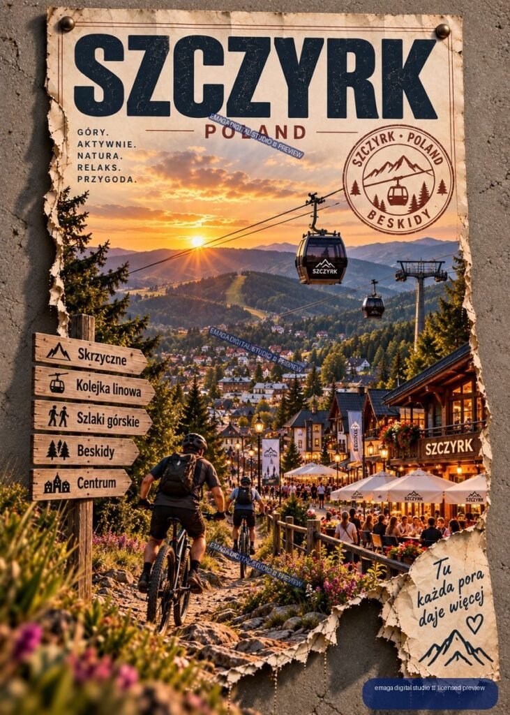 Vintage-style Szczyrk Poland travel poster showing a mountain sunset, cable cars, cyclists, town, and bold Polish lettering.