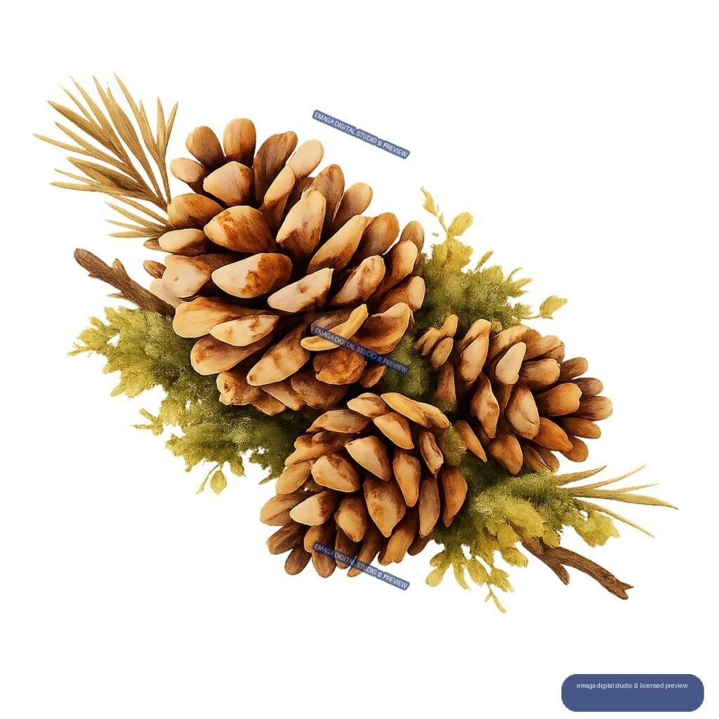 Watercolor-style cluster of brown pinecones with green evergreen foliage and pine needles.