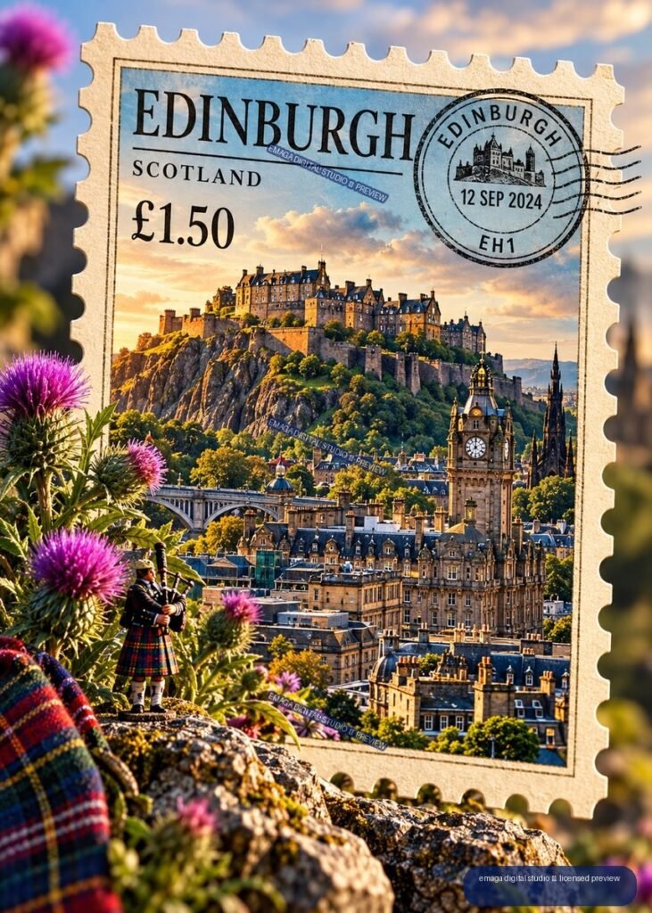 Decorative Edinburgh postage stamp with castle, city skyline, thistles, tartan, and bagpiper.