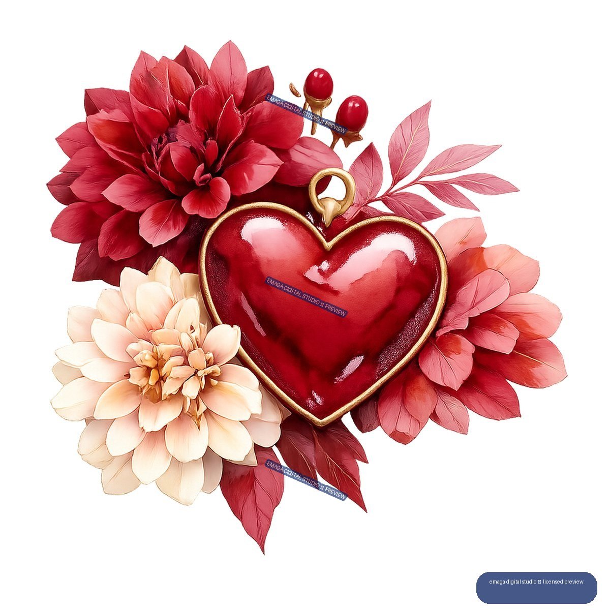 Glossy red heart ornament with a gold edge surrounded by red, blush, and cream flowers, leaves, and red berries.