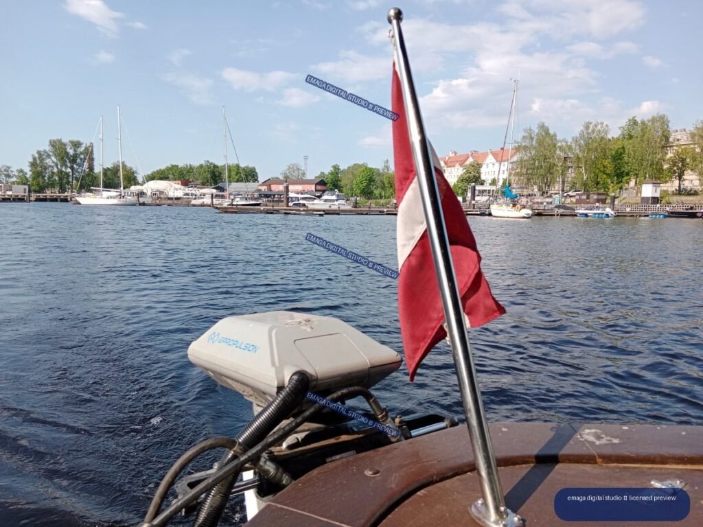 Boat view across the waterfront in Riga, Latvia