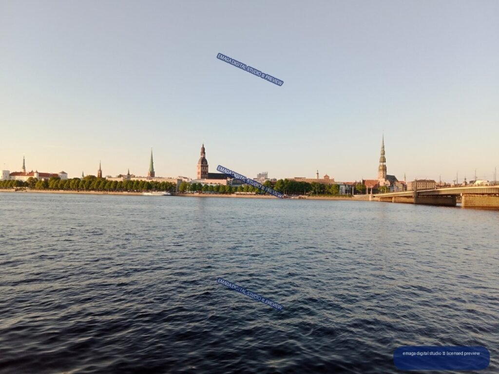 Riga, Latvia Skyline Across the River at Golden Hour