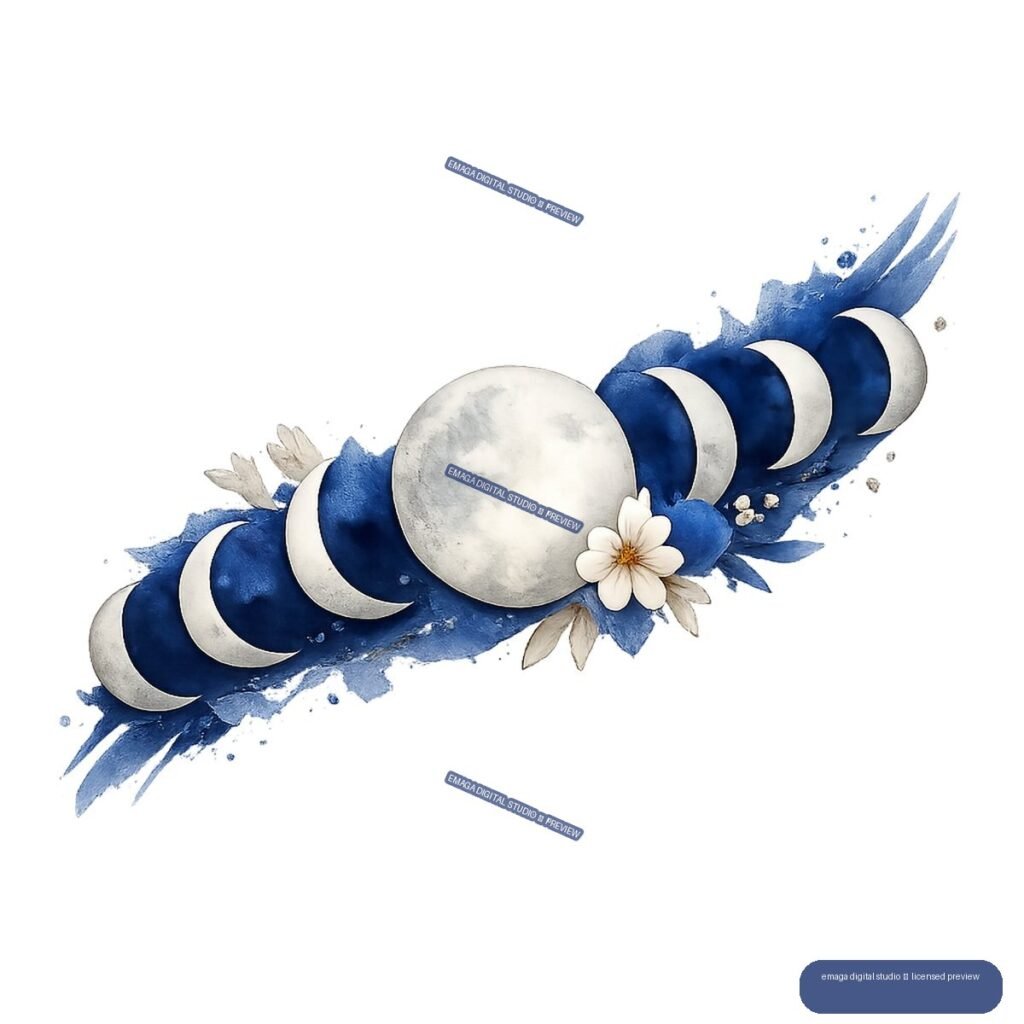 Large pale full moon surrounded by blue and white lunar phases, with a small white flower and blue brushstrokes.