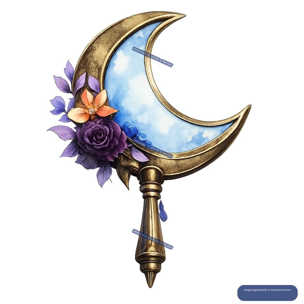 Gold-edged blue crescent moon ornament with purple roses, violet leaves, an orange flower, and a tapered handle.