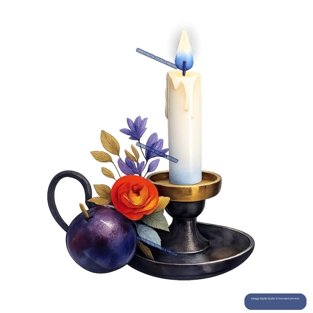 Ivory candle with blue flame in a dark and gold candlestick, beside a purple plum, orange flower, and botanical sprigs.