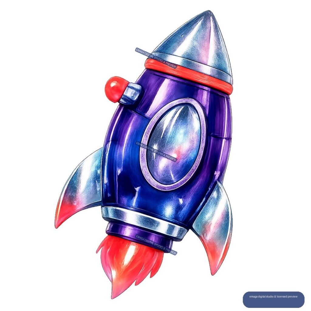 Glossy purple and blue rocket ship with silver nose, red accents, side fins, oval window, and bright flames, isolated on transparency.