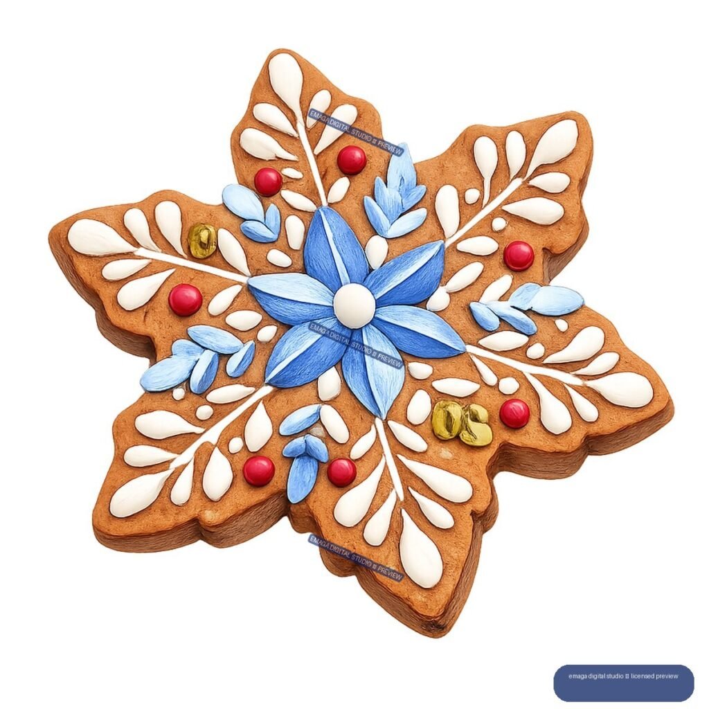 Star-shaped gingerbread cookie decorated with white icing, a large blue flower, red accents, and green details.