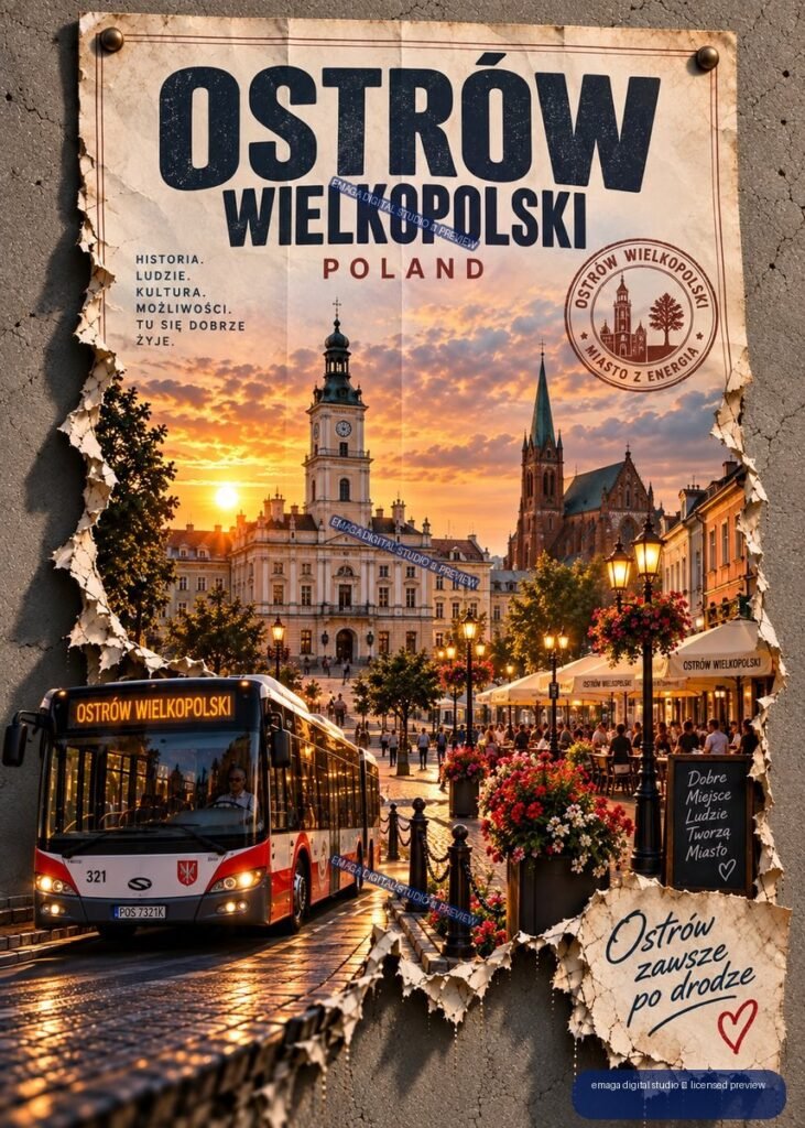 Vintage-style Ostrów Wielkopolski travel poster showing a sunset city square, historic buildings, a bus, flowers, and Polish lettering.