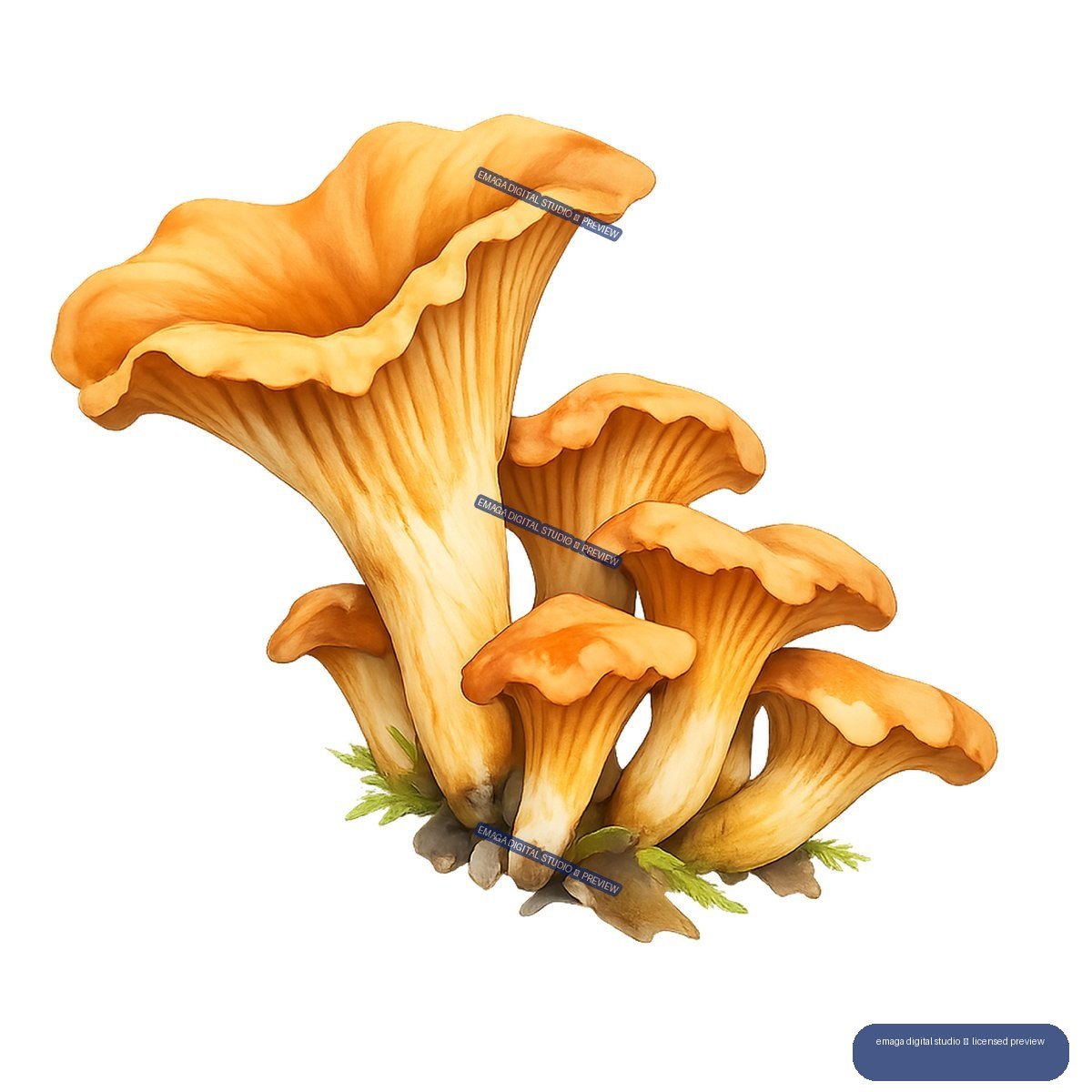 Cluster of golden-orange mushrooms with wavy caps, ridged stems, moss, and leaves at the base.