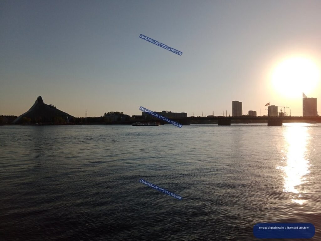 Sunset over the Daugava River and Bridge in Riga, Latvia