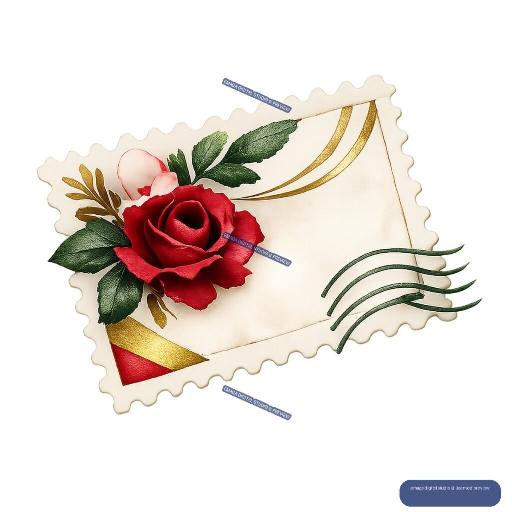 Angled cream envelope with a red rose, green leaves, gold accents, and sweeping ribbon lines.